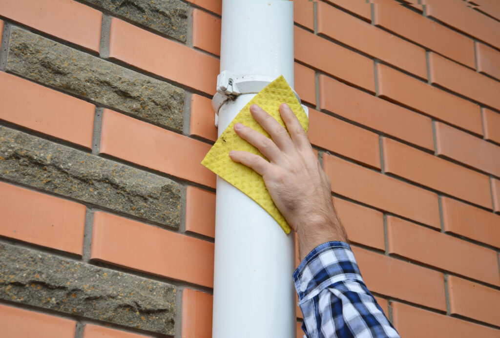 hand cleaning downpipe after gutter installation